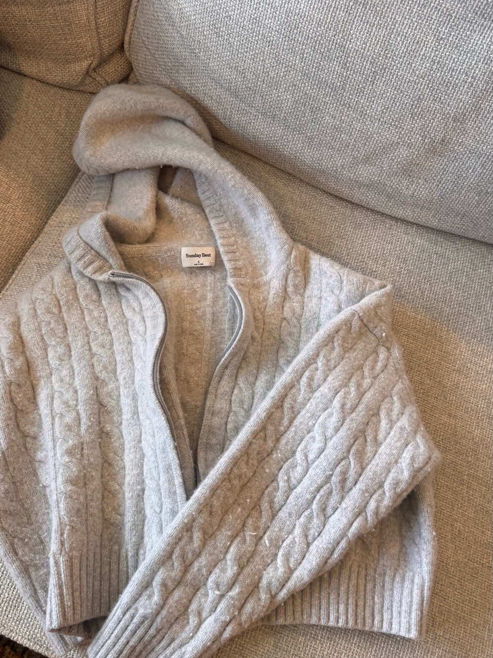 Sunday Best Light Gray Cable Knit Zip-Up Hooded Cardigan